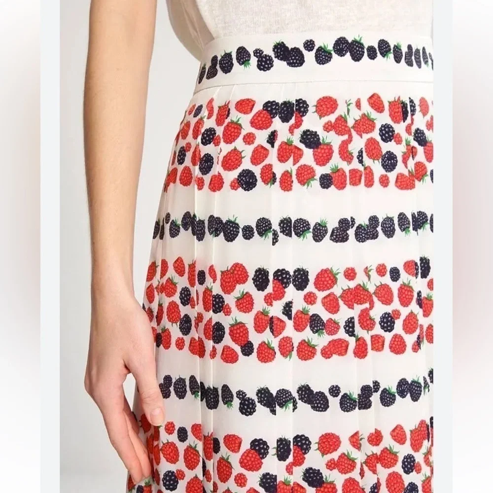 J. Crew Berry Print Ivory Red Blue Pleated Midi Skirt boho cottagecore women’s 4